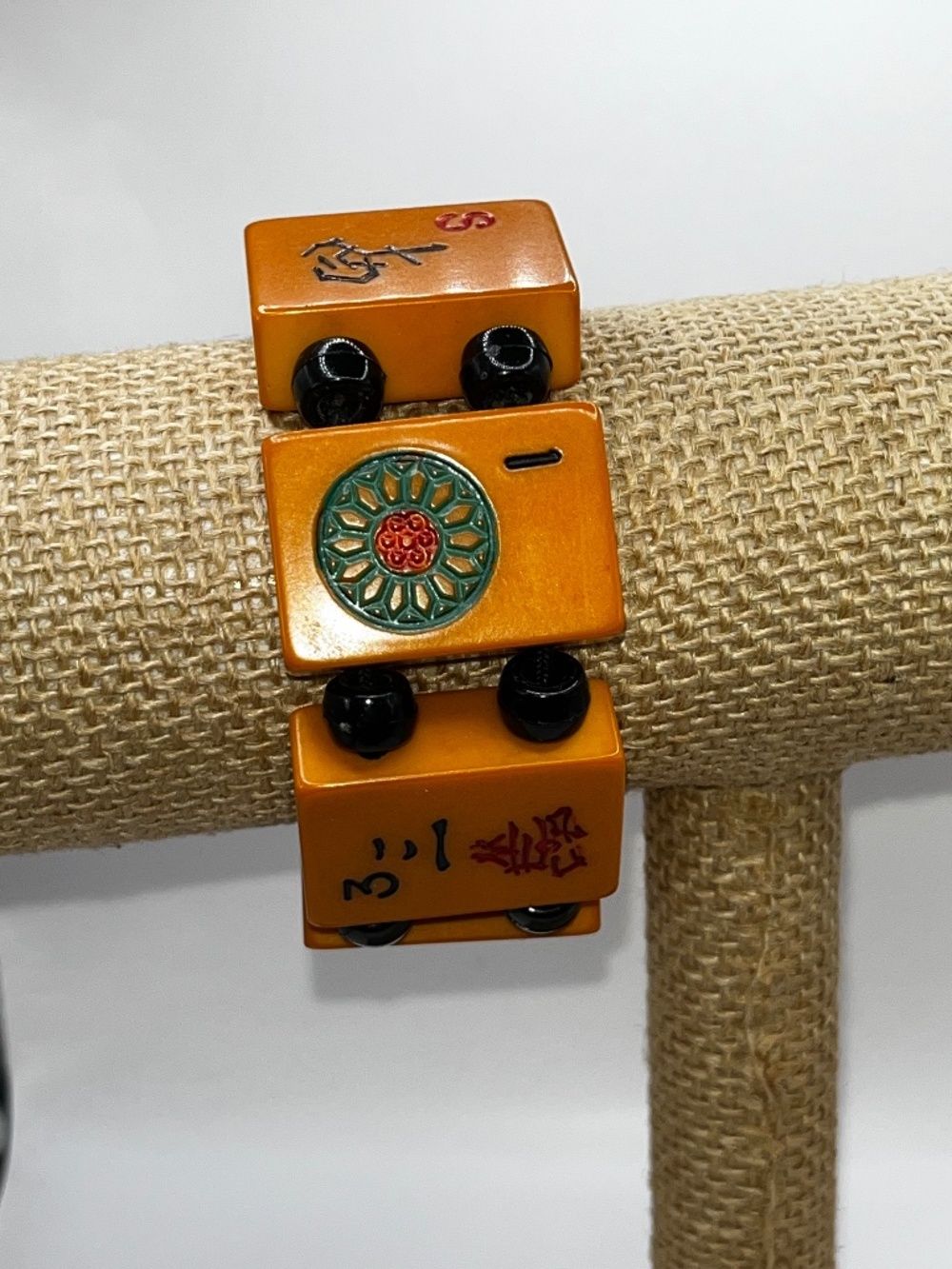 vintage 7 tile butterscotch Bakelite Mahjong tile stretch bracelet featuring